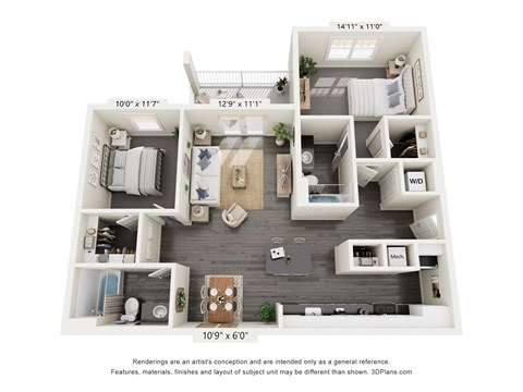 Floor plan for 2 beds, 2 baths, 1062 sqft